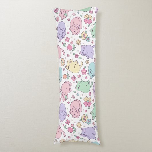 Pastel Kawaii Cats and Flowers Pattern  ボディピロー (正面縦)
