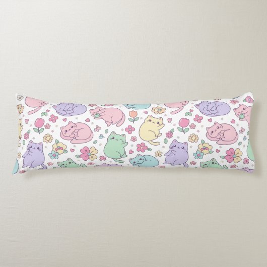 Pastel Kawaii Cats and Flowers Pattern  ボディピロー (正面)