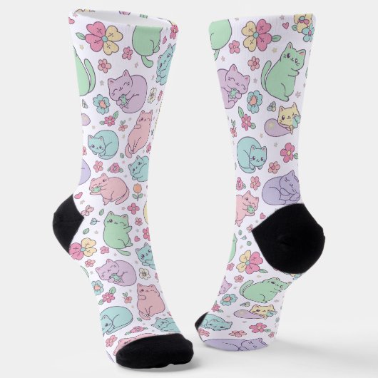 Pastel Kawaii Cats and Spring Flowers Pattern  ソックス (傾斜あり)