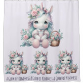 Pastel Kawaii Unicorn Doll with Flower Basket シャワーカーテン (正面)