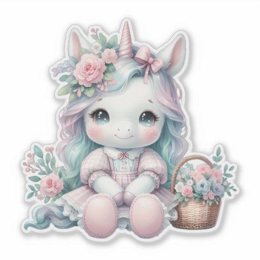 Pastel Kawaii Unicorn Doll with Flower Basket シール (正面)