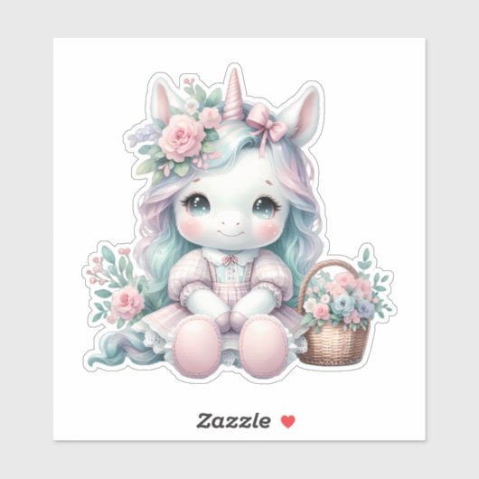 Pastel Kawaii Unicorn Doll with Flower Basket シール (シート)
