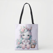 Pastel Kawaii Unicorn Doll with Flower Basket トートバッグ (正面)