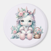 Pastel Kawaii Unicorn Doll with Flower Basket マグネット (正面)