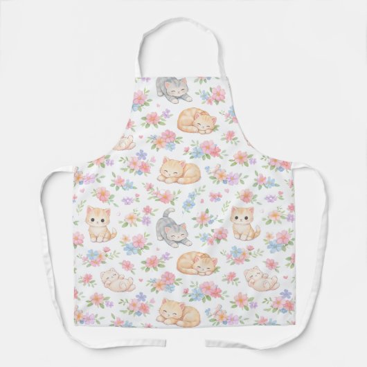 Pastel Kitten and Floral Pattern Kitchen Apron エプロン (正面)