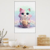 Pastel Kitty with Bubble Tea Art Poster ポスター (キッチン)