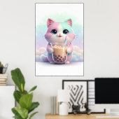 Pastel Kitty with Bubble Tea Art Poster ポスター (ホームオフィス)