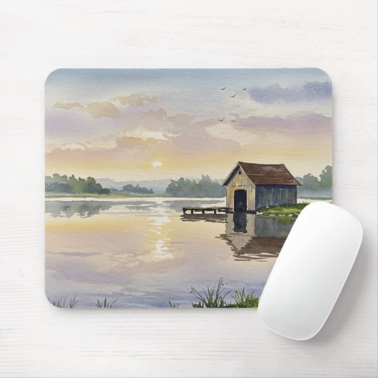 Pastel Lake Sunset Dock Cabin Tranquility マウスパッド (マウス)