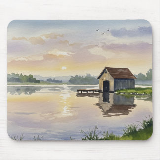 Pastel Lake Sunset Dock Cabin Tranquility マウスパッド