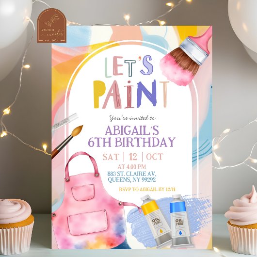 Pastel Let's Paint Girl Birthday Party 招待状