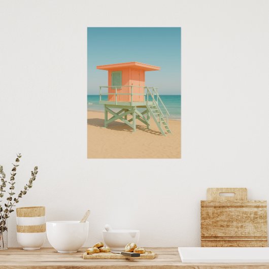 Pastel Lifeguard Tower Beach Art ポスター (キッチン)