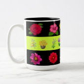 Pastel Light Green and Black Floral Pattern Coffee ツートーンマグカップ (左)