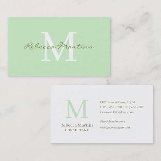 Pastel light green minimalist monogram 名刺 (正面/裏面)
