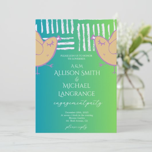 Pastel Lovebirds Engagement Party 招待状 (スタンド正面)