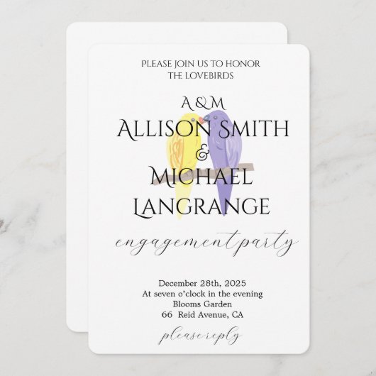 Pastel Lovebirds Engagement Party 招待状 (正面/裏面)