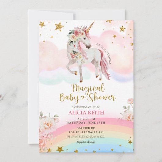 Pastel Magical Unicorn Baby Shower 招待状 (正面)