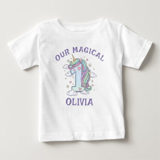 Pastel Magical Unicorn First Birthday ベビーTシャツ (正面)