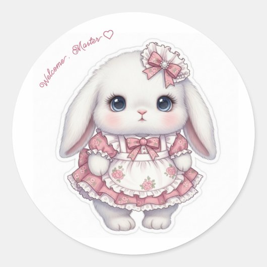 Pastel Maid Cafe Bunny - Pink & White Kawaii Art ラウンドシール (正面)