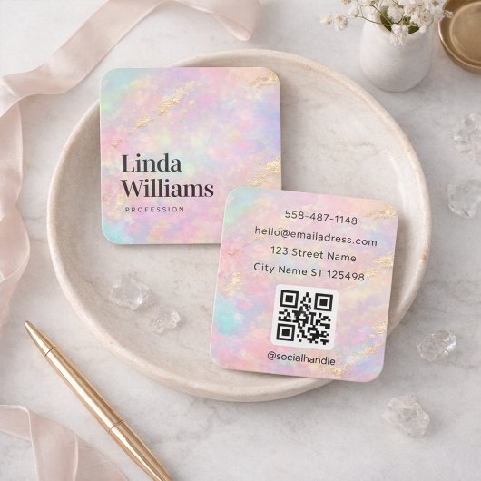 Pastel Marble Business Card with Gold Accents  スクエア名刺