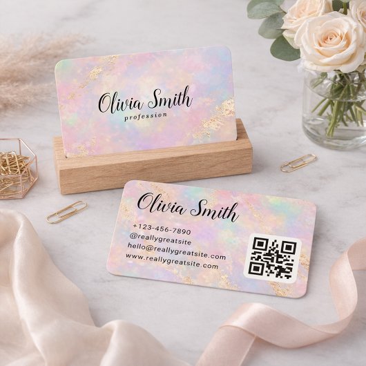 Pastel Marble Script Name and Gold Accents QR Code 名刺