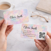 Pastel Marble Script Name and Gold Accents QR Code 名刺