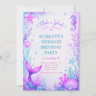 Pastel Mermaid Birthday Invitation Purple 招待状