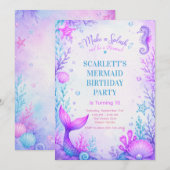 Pastel Mermaid Birthday Invitation Purple 招待状 (正面/裏面)