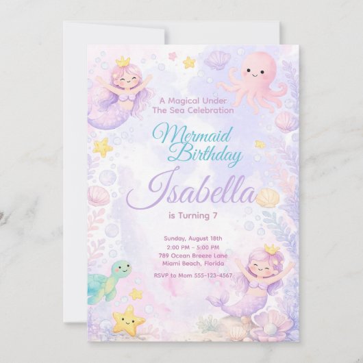 Pastel Mermaid Birthday Invitation Under The Sea 招待状 (正面)