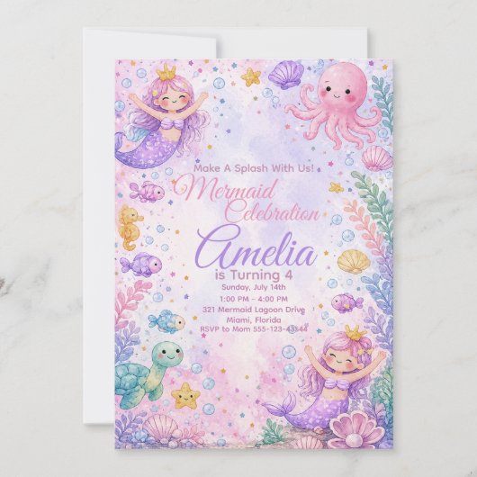 Pastel Mermaid Celebration Invitation Editable 招待状 (正面)