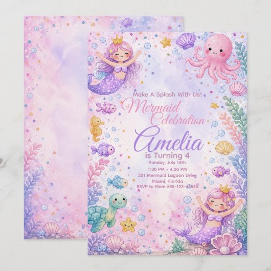 Pastel Mermaid Celebration Invitation Editable 招待状 (正面/裏面)