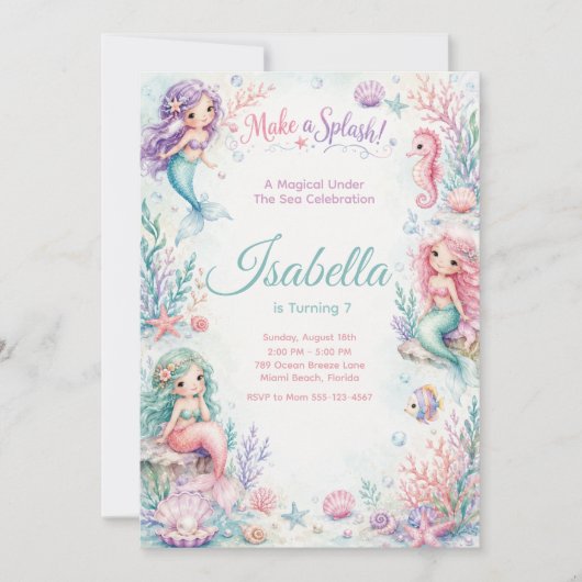 Pastel Mermaid Coral Garden Birthday 招待状 (正面)