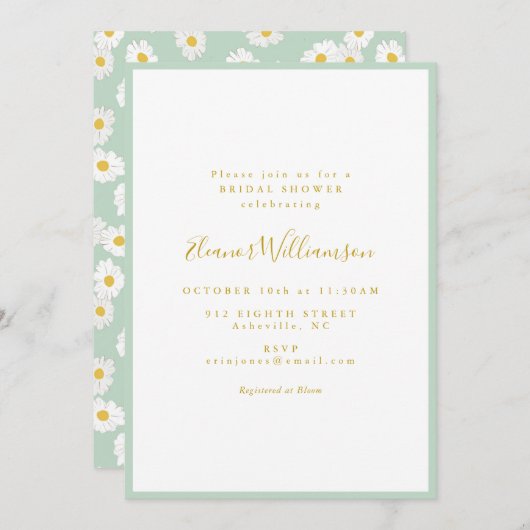 Pastel Mint Sage Retro Daisy Floral Bridal Shower 招待状 (正面/裏面)