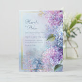 Pastel Misty Hydrangea Gilded Gold Frame Wedding 招待状 (スタンド正面)