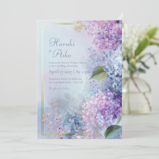 Pastel Misty Hydrangea Gilded Gold Frame Wedding 招待状 (スタンド正面)