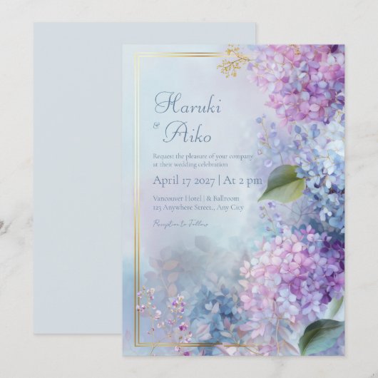 Pastel Misty Hydrangea Gilded Gold Frame Wedding 招待状 (正面/裏面)