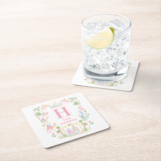 Pastel Nativity Monogram スクエアペーパーコースター (インサイチュ)