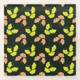 Pastel-Neon Ginko Leaves on Black Background ガラスコースター
