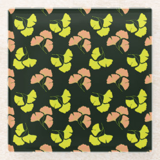 Pastel-Neon Ginko Leaves on Black Background ガラスコースター
