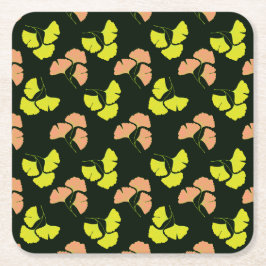 Pastel-Neon Ginko Leaves on Black Background スクエアペーパーコースター