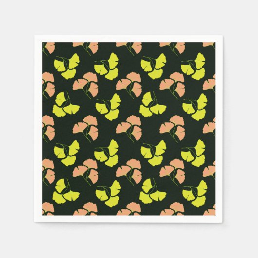 Pastel-Neon Ginko Leaves on Black Background スタンダードカクテルナプキン (正面)