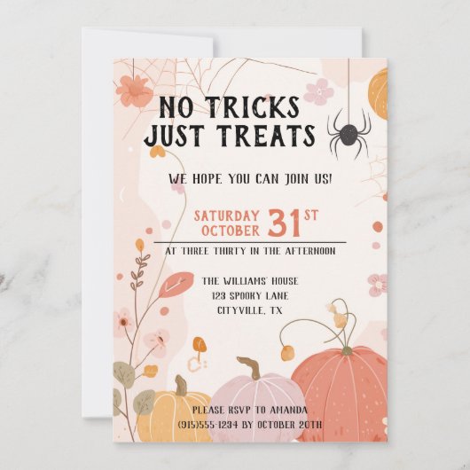Pastel No Tricks Just Treats Kids Halloween 招待状 (正面)