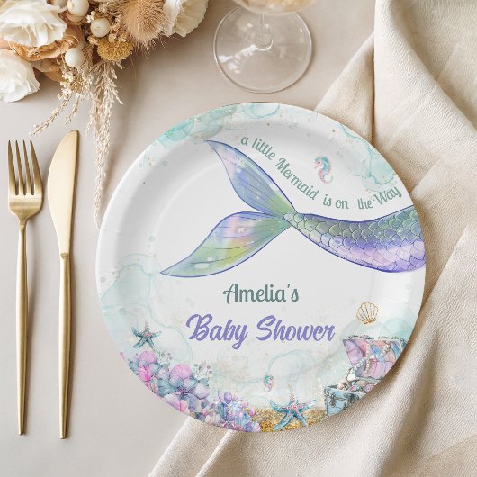Pastel Ocean Sparkle Mermaid Tail Girl ペーパープレート