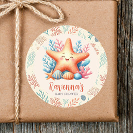 Pastel Ocean Starfish Custom Name Baby Shower ラウンドシール