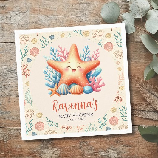 Pastel Ocean Starfish Personalized Baby Shower スタンダードカクテルナプキン
