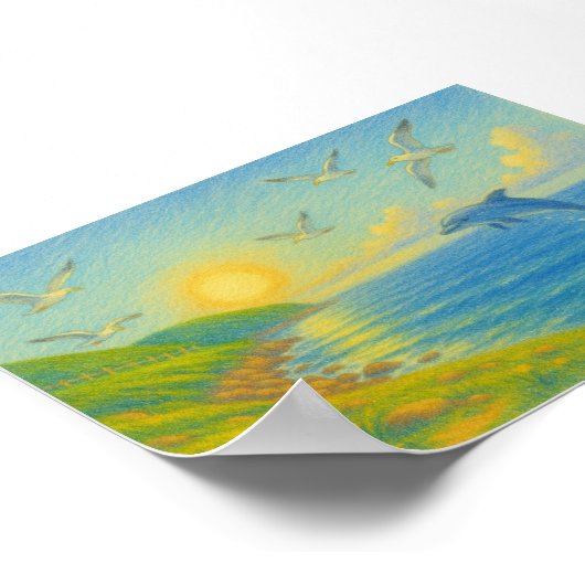 Pastel Ocean Sunset Landscape Painting Dolphin ポスター (角)
