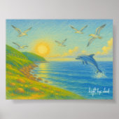 Pastel Ocean Sunset Landscape Painting Dolphin ポスター (正面)