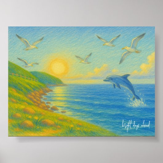 Pastel Ocean Sunset Landscape Painting Dolphin ポスター (正面)