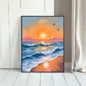 Pastel Ocean Sunset Watercolor Beach Painting ポスター