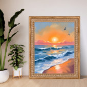 Pastel Ocean Sunset Watercolor Beach Painting ポスター