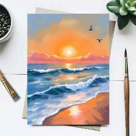 Pastel Ocean Sunset Watercolor Beach Painting Card